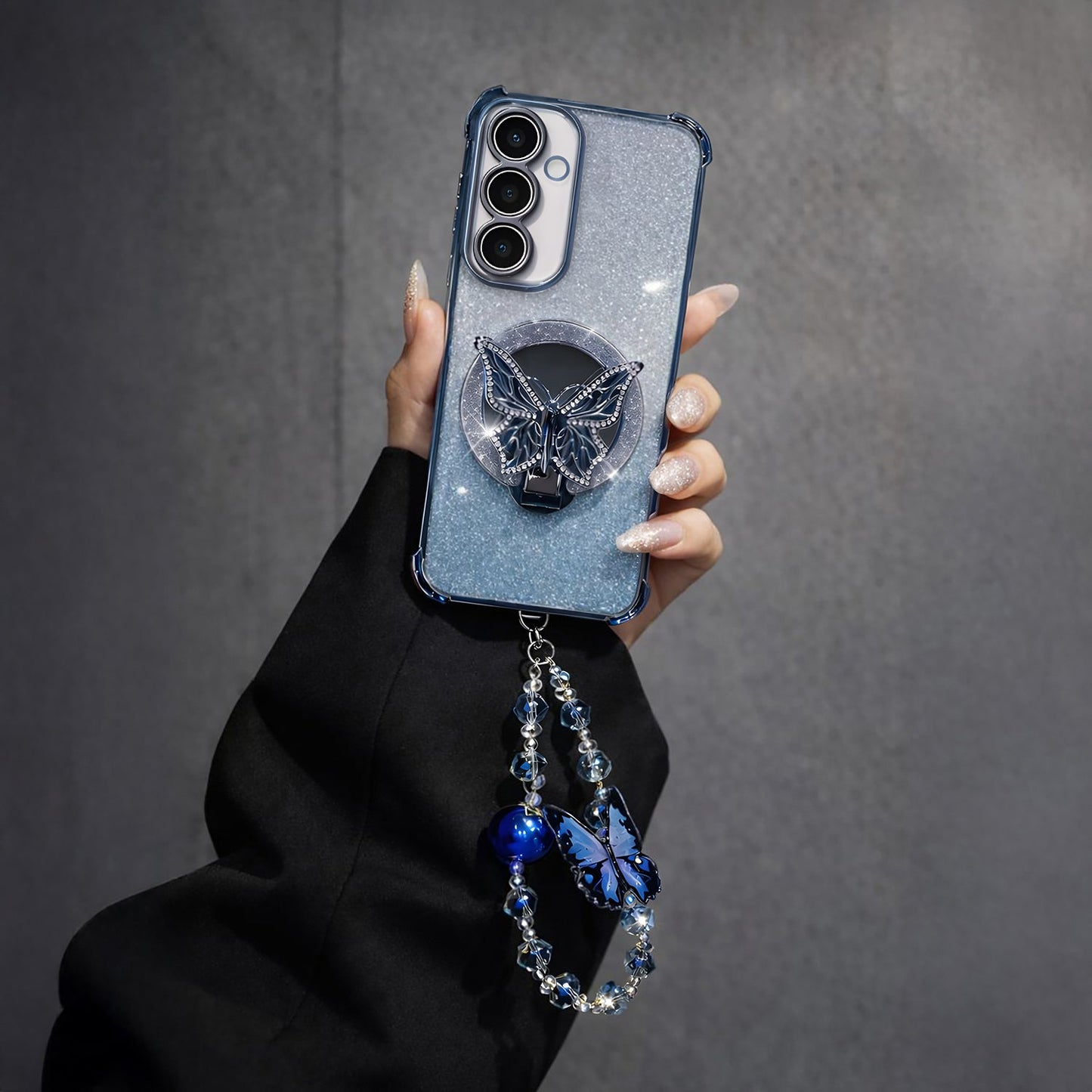 Samsung Galaxy A56 5G Shockproof Shimmer Butterfly Stand Case with Charm Strap