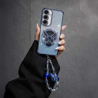 Samsung Galaxy A36 5G Shockproof Shimmer Butterfly Stand Case with Charm Strap