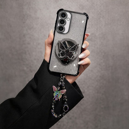Samsung Galaxy A56 5G Shockproof Shimmer Butterfly Stand Case with Charm Strap