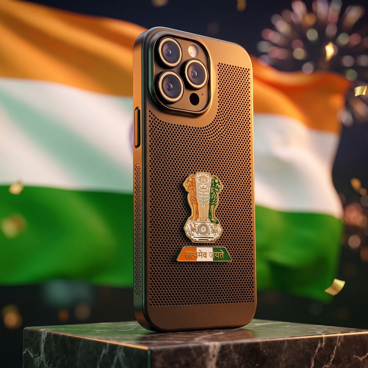iPhone 16 Pro 5G Tri-Color Satyamev Jayate Mesh Electroplated Heat Dissipation Case