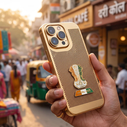 iPhone 15 Pro Max 5G Tri-Color Satyamev Jayate Mesh Electroplated Heat Dissipation Case