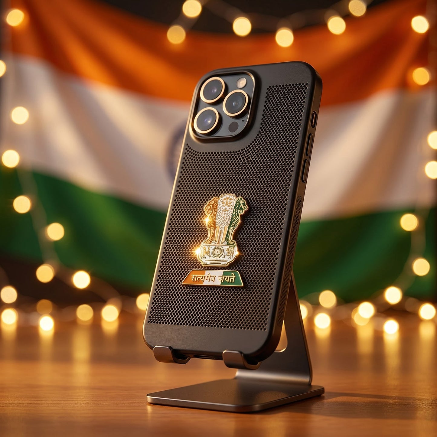 iPhone 16 Pro 5G Tri-Color Satyamev Jayate Mesh Electroplated Heat Dissipation Case