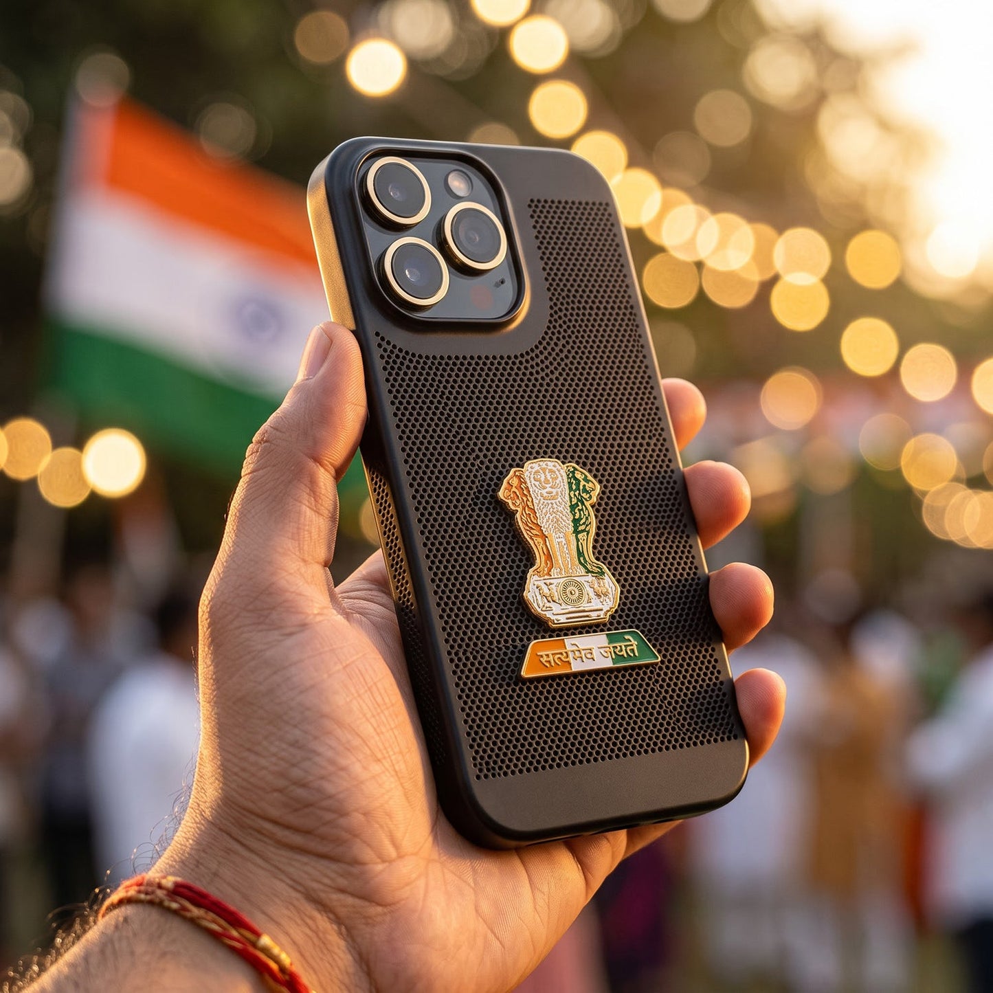 iPhone 15 Pro Max 5G Tri-Color Satyamev Jayate Mesh Electroplated Heat Dissipation Case