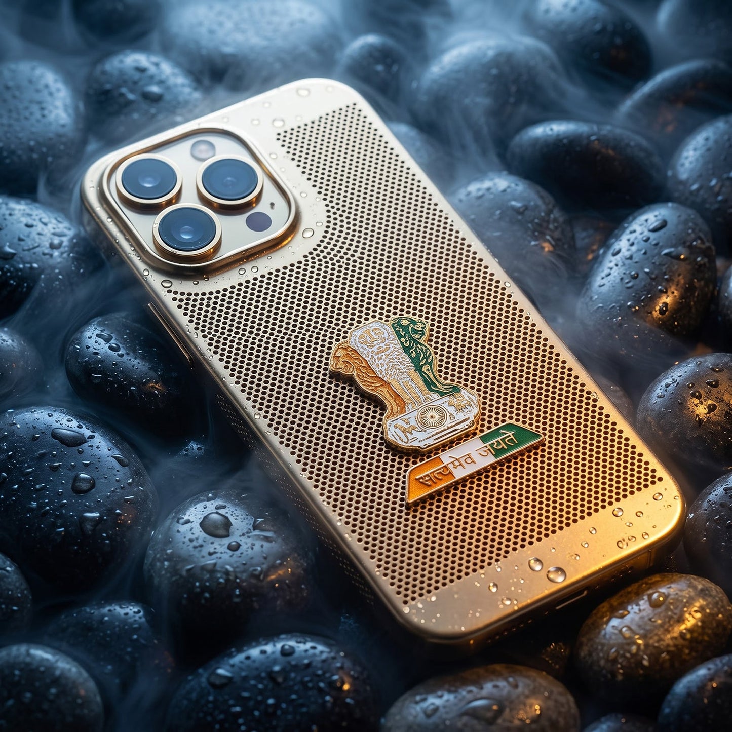 iPhone 16 Pro 5G Tri-Color Satyamev Jayate Mesh Electroplated Heat Dissipation Case