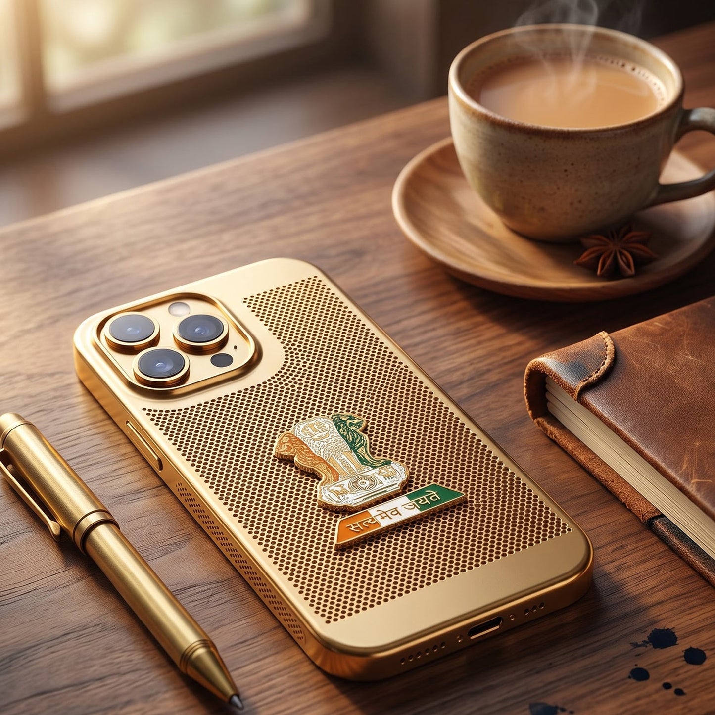 iPhone 16 Pro 5G Tri-Color Satyamev Jayate Mesh Electroplated Heat Dissipation Case