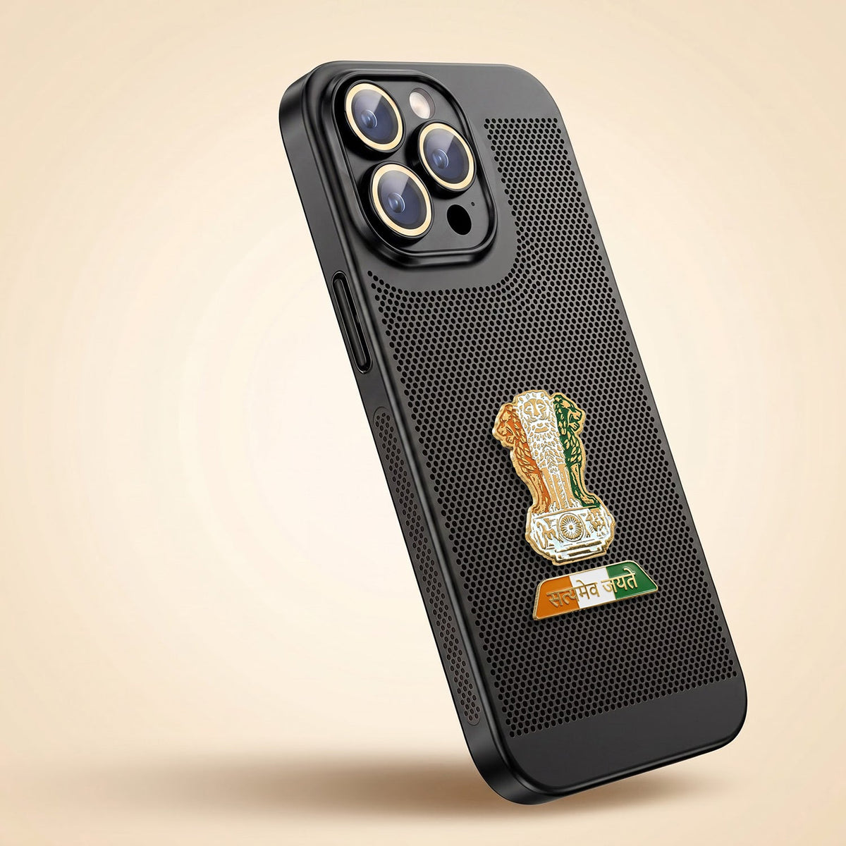 iPhone 15 Pro Max 5G Tri-Color Satyamev Jayate Mesh Electroplated Heat Dissipation Case