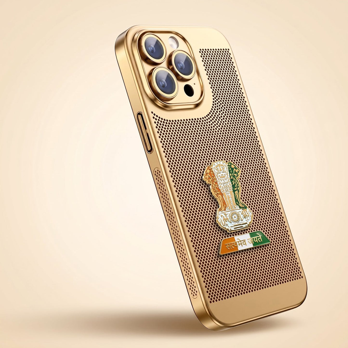 iPhone 16 Pro Max 5G Tri-Color Satyamev Jayate Mesh Electroplated Heat Dissipation Case