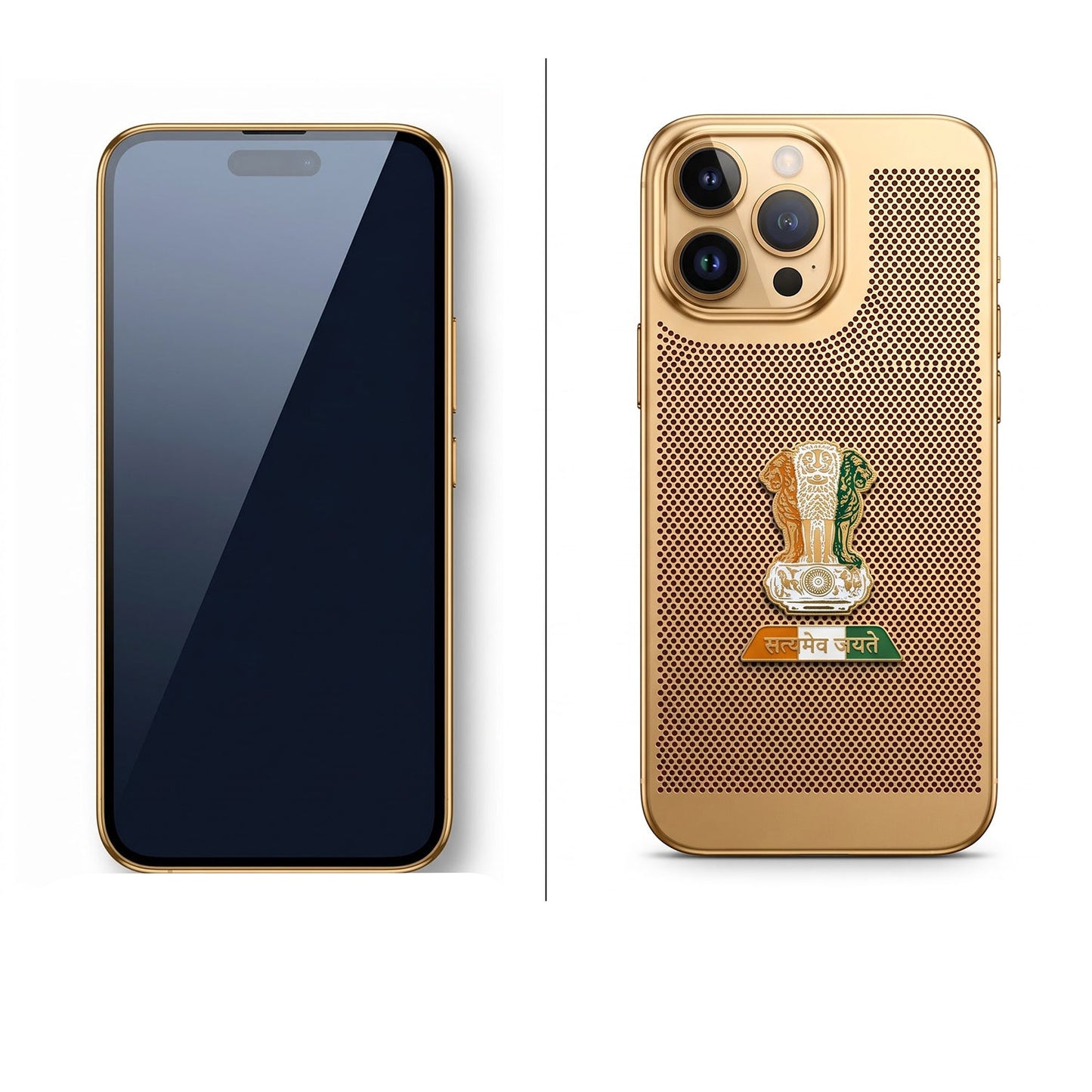 iPhone 15 Pro Max 5G Tri-Color Satyamev Jayate Mesh Electroplated Heat Dissipation Case