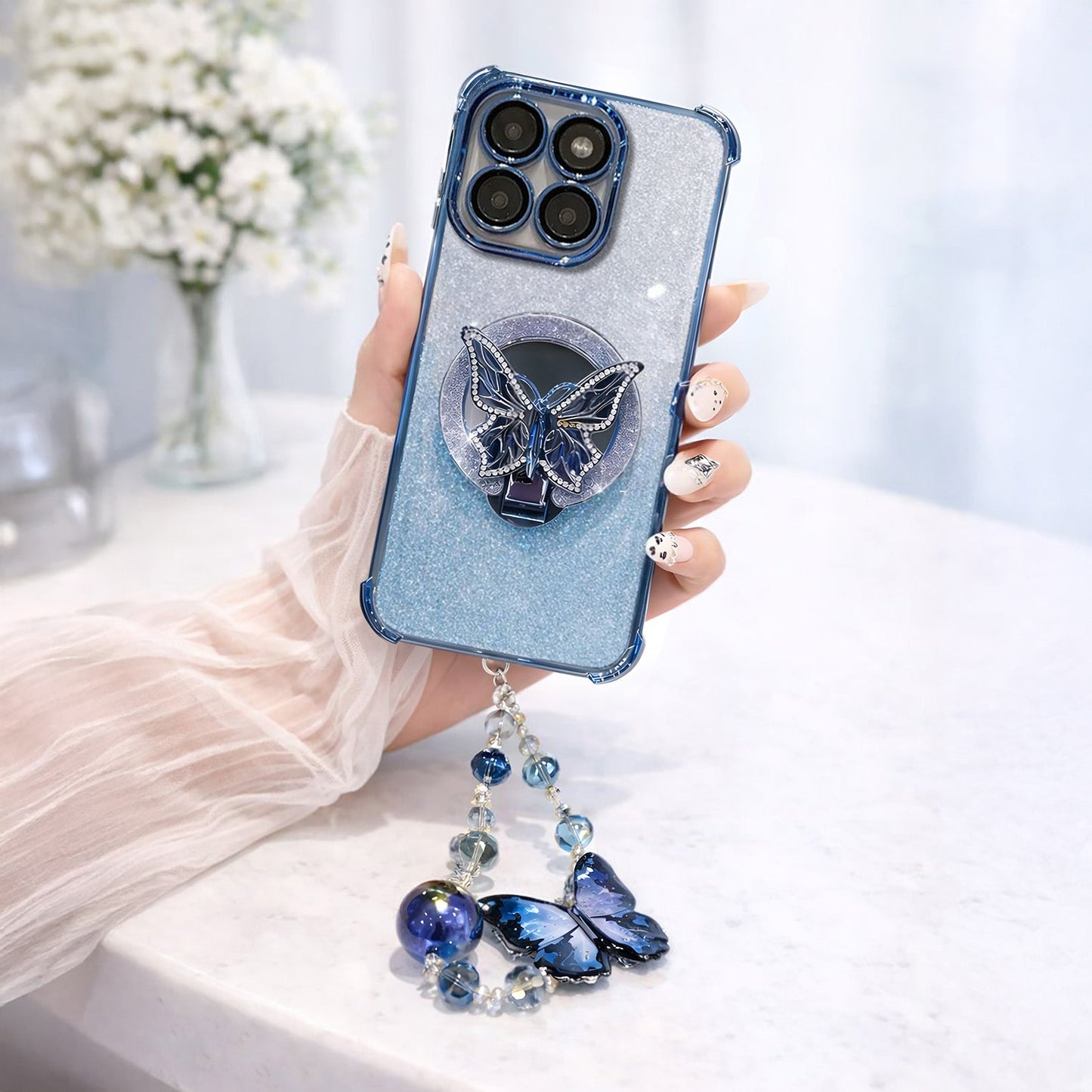 Motorola Edge 60 Pro 5G Shockproof Shimmer Butterfly Stand Case with Charm Strap