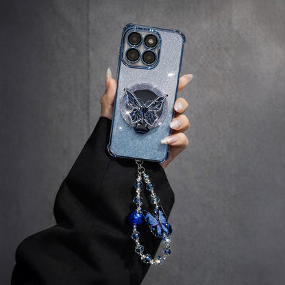 Motorola Edge 60 Pro 5G Shockproof Shimmer Butterfly Stand Case with Charm Strap