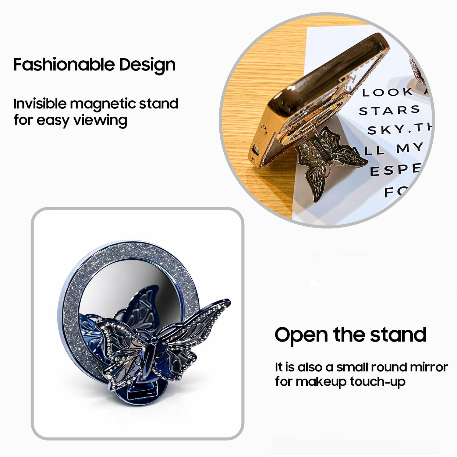 Motorola Edge 60 Pro 5G Butterfly-shaped magnetic stand with round mirror on a white background