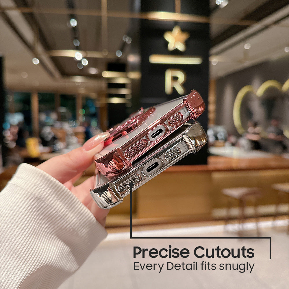 Phone case with camera lens design held by a hand on a wooden surface