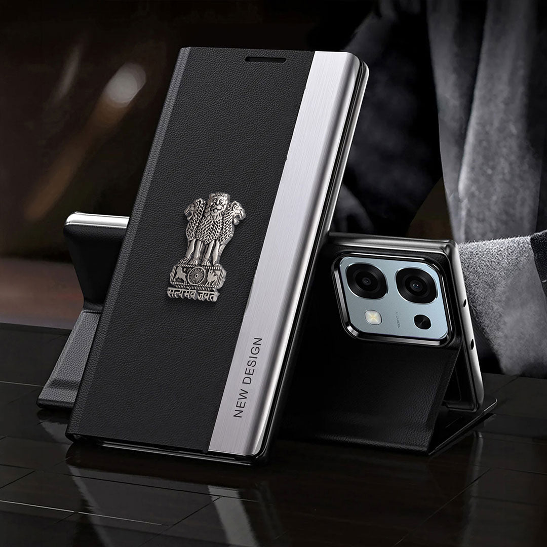 Oppo F31 5G Satyamev Jayate Metal Emblems Flip Leather Case