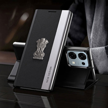 Oppo F31 5G Satyamev Jayate Metal Emblems Flip Leather Case