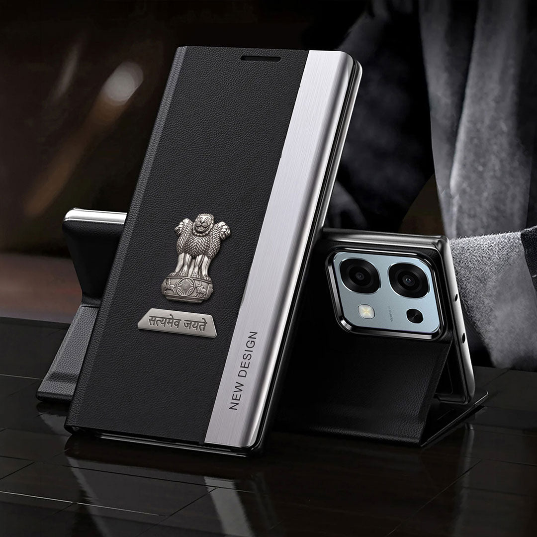 Oppo F31 5G Satyamev Jayate Metal Emblems Flip Leather Case