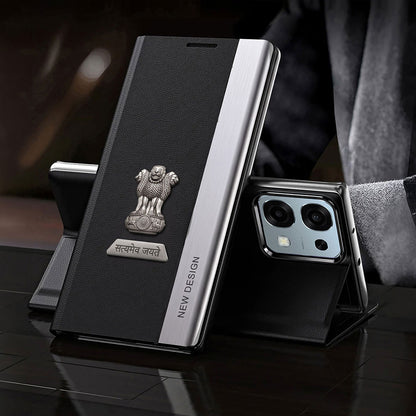 Oppo F31 5G Satyamev Jayate Metal Emblems Flip Leather Case