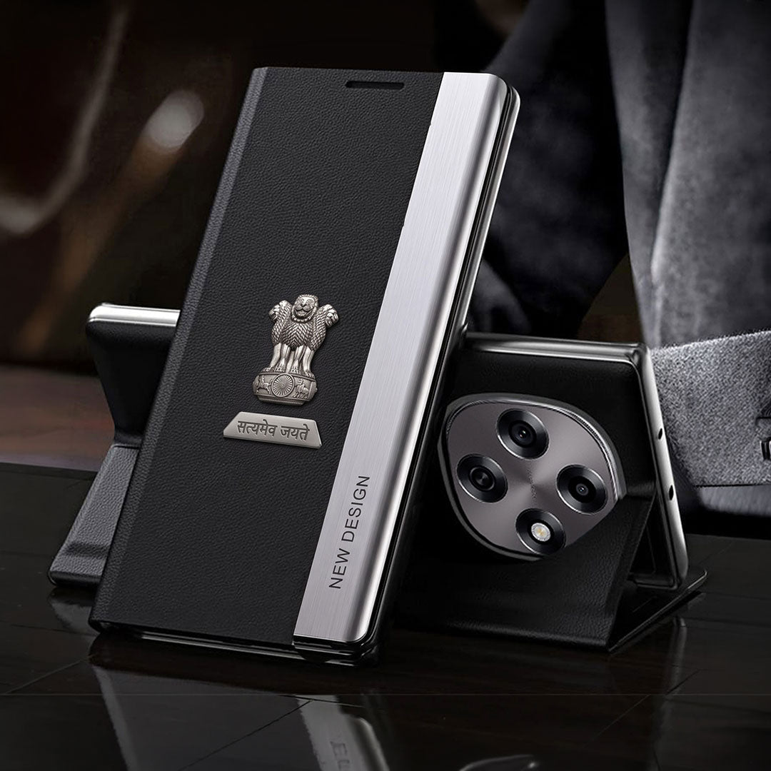 Oppo F31 Pro 5G Satyamev Jayate Metal Emblems Flip Leather Case