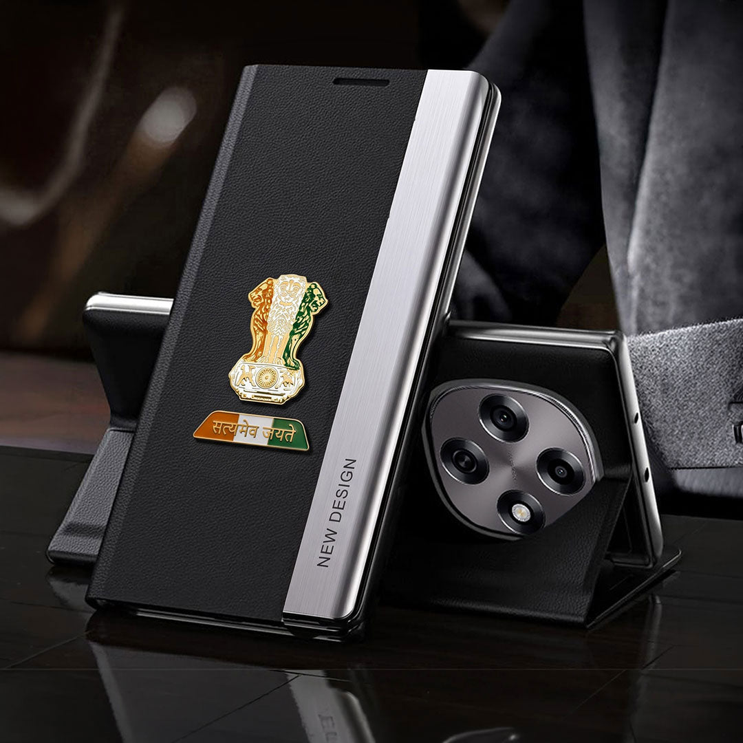 Oppo F31 Pro 5G Satyamev Jayate Metal Emblems Flip Leather Case