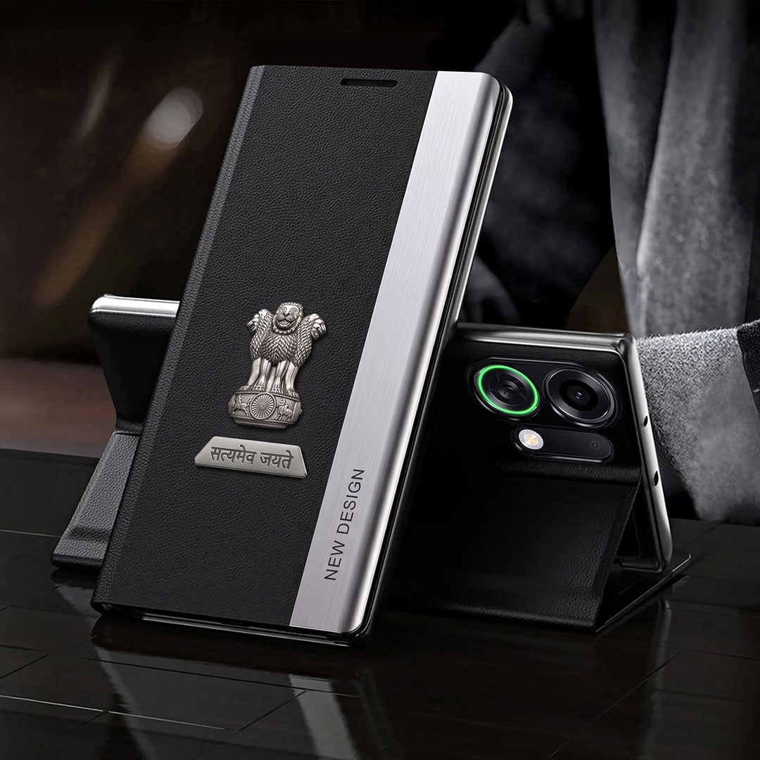 Oppo K13 Turbo 5G Satyamev Jayate Metal Emblems Flip Leather Case