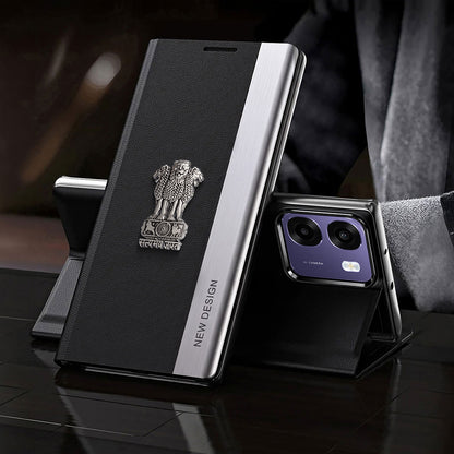 Oppo K14 5G Satyamev Jayate Metal Emblems Flip Leather Case