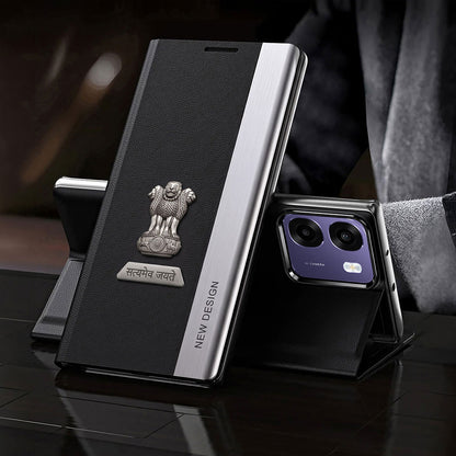 Oppo K14 5G Satyamev Jayate Metal Emblems Flip Leather Case