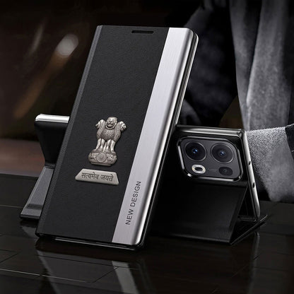 Oppo Reno 13 Pro 5G Satyamev Jayate Metal Emblems Flip Leather Case
