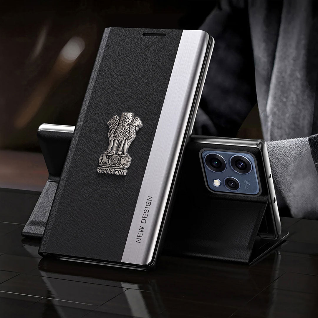 Oppo Reno 15 5G Satyamev Jayate Metal Emblems Flip Leather Case