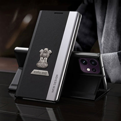 Oppo Reno 16 5G Satyamev Jayate Metal Emblems Flip Leather Case
