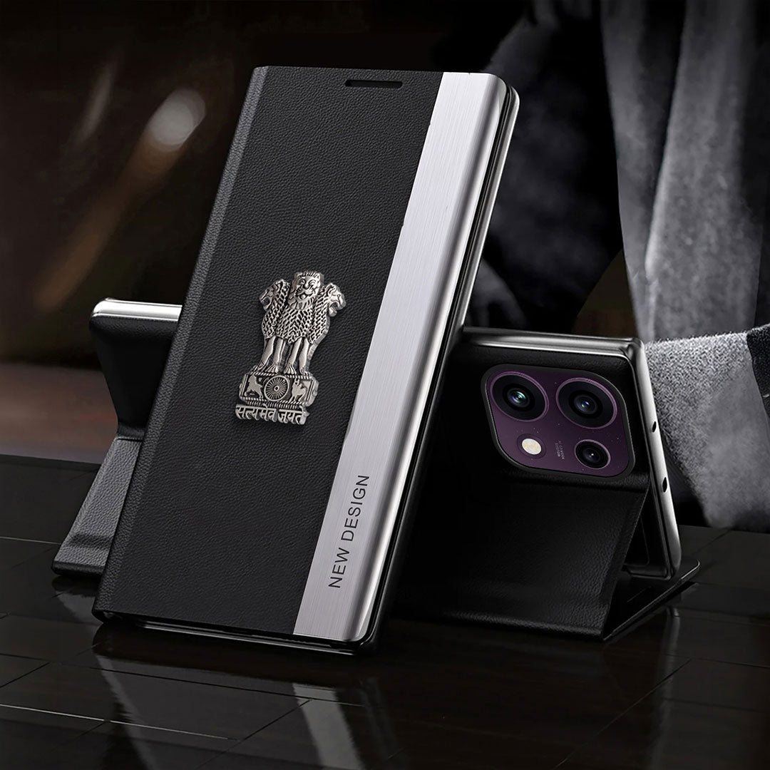 Oppo Reno16c 5G Satyamev Jayate Metal Emblems Flip Leather Case