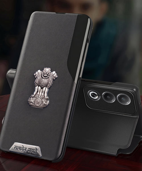 Oppo A3 Pro 5G Metal Satyamev Jayate 2-in-1 Emblem Half-Window Leather Flip Case