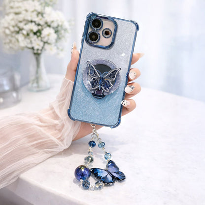 Oppo A5 Pro 5G Shockproof Shimmer Butterfly Stand Case with Charm Strap