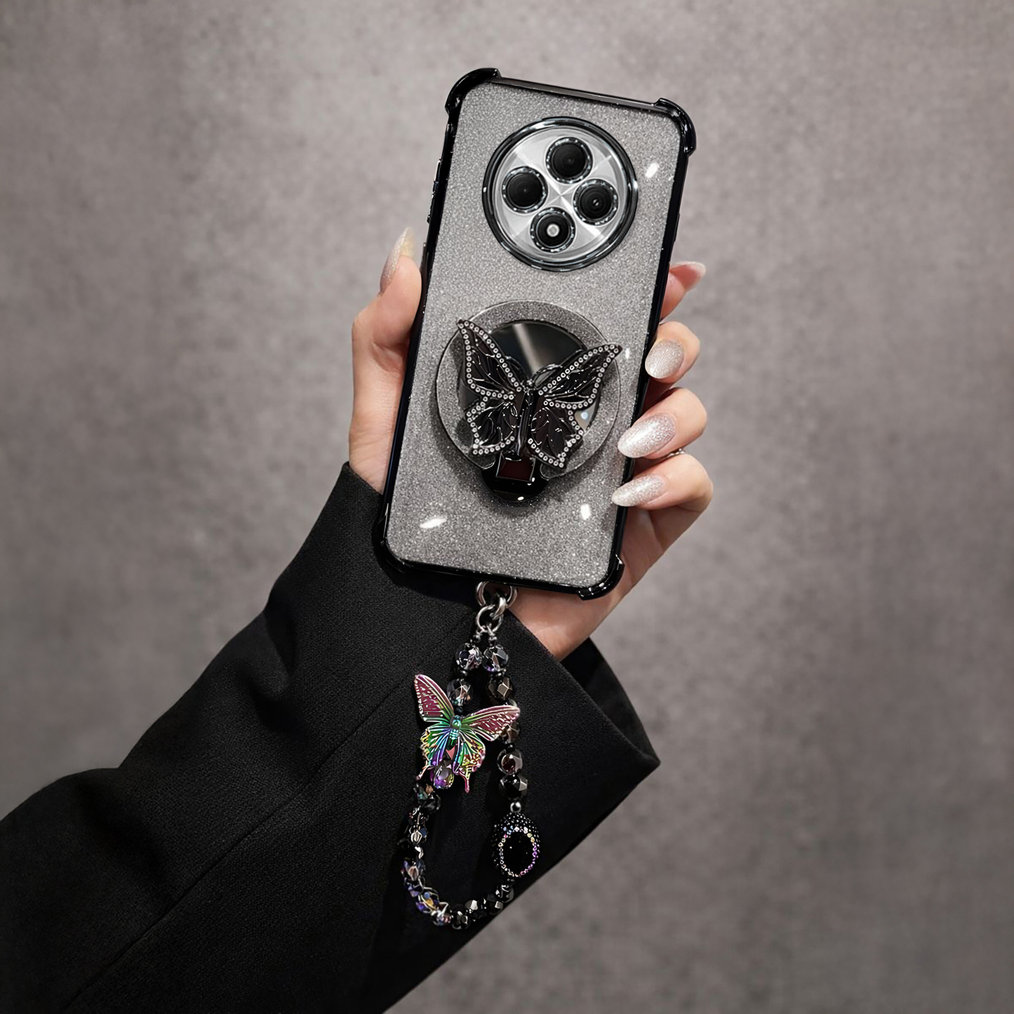 Oppo F27 Pro+ 5G Shockproof Shimmer Butterfly Stand Case with Charm Strap