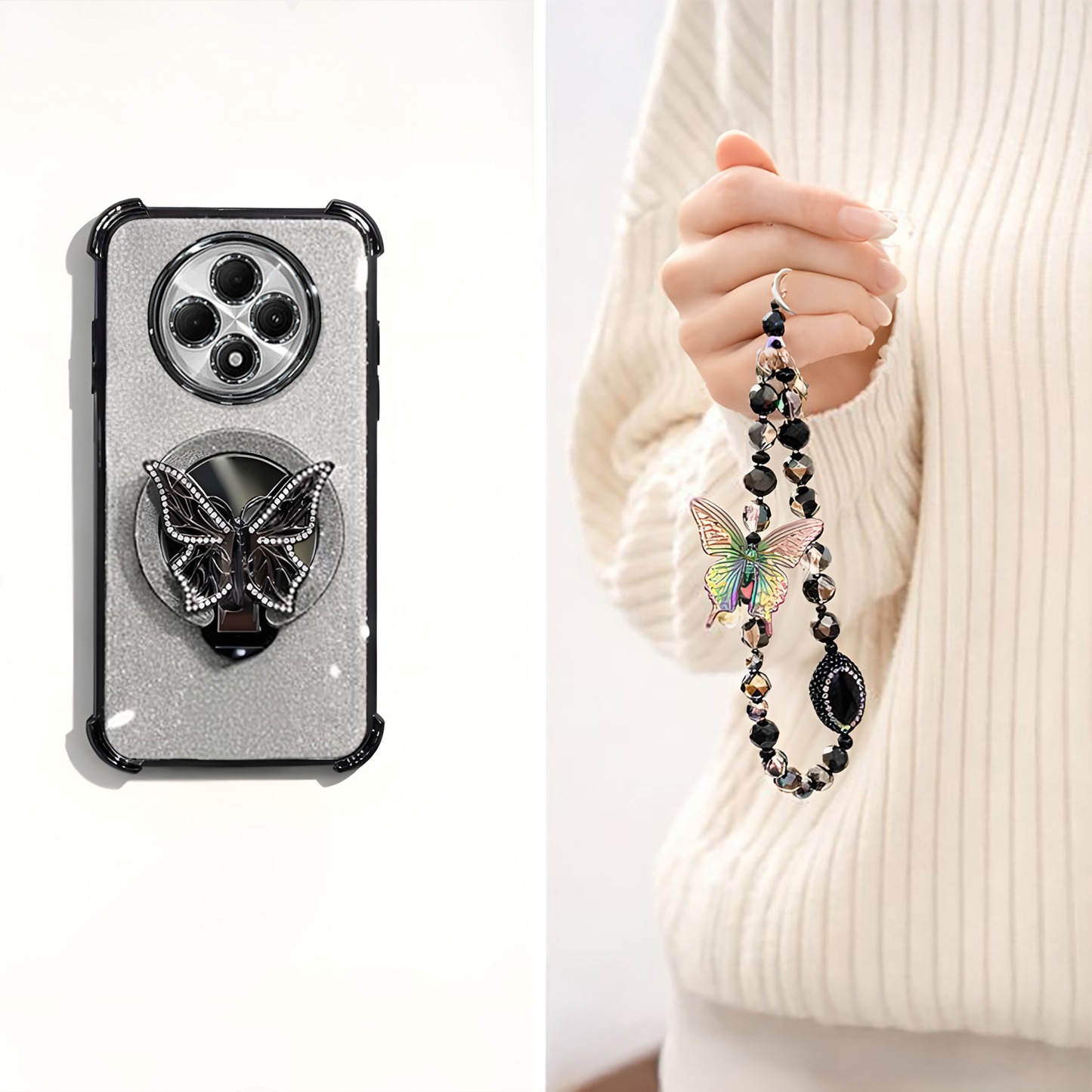 Oppo F27 Pro+ 5G Shockproof Shimmer Butterfly Stand Case with Charm Strap