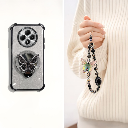 Oppo F27 Pro+ 5G Shockproof Shimmer Butterfly Stand Case with Charm Strap