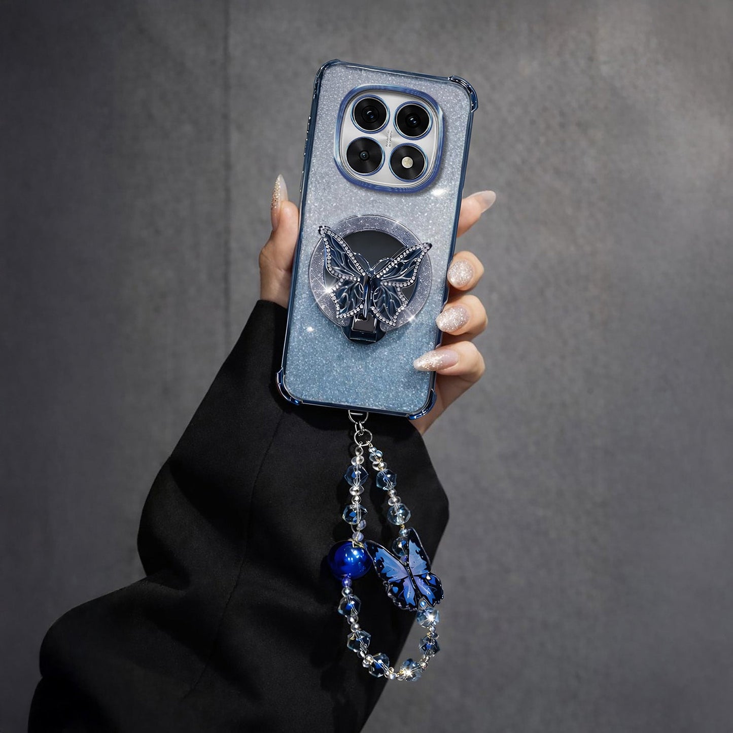 Oppo F29 Pro 5G Shockproof Shimmer Butterfly Stand Case with Charm Strap