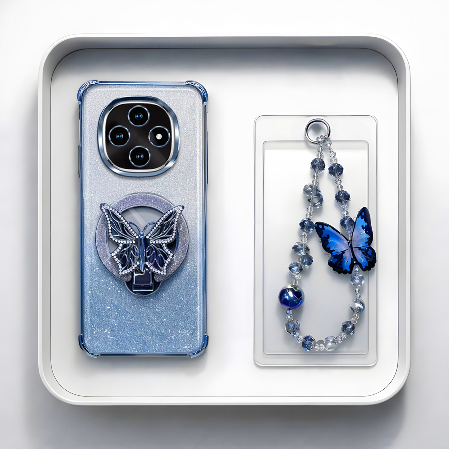 Oppo F31 Pro 5G Shockproof Shimmer Butterfly Stand Case with Charm Strap