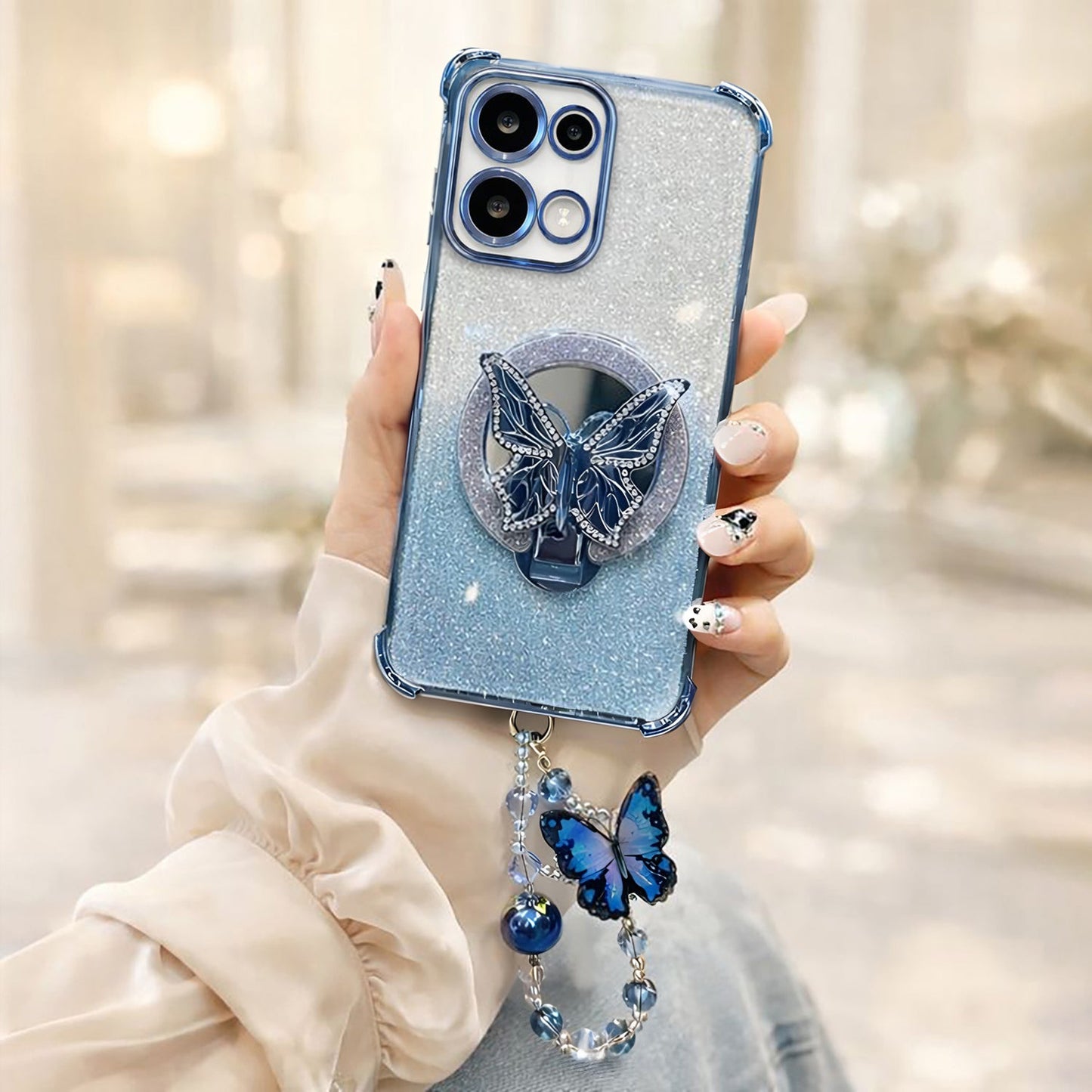 Oppo Reno 13 5G Shockproof Shimmer Butterfly Stand Case with Charm Strap