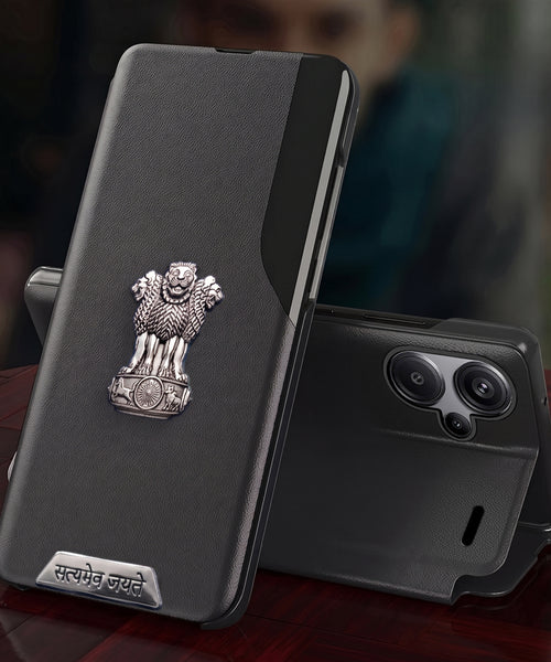 Redmi Note 13 Pro+ 5G Metal Satyamev Jayate 2-in-1 Emblem Half-Window Leather Flip Case