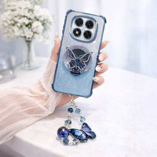 Redmi Note 14 Pro+ 5G Shockproof Shimmer Butterfly Stand Case with Charm Strap