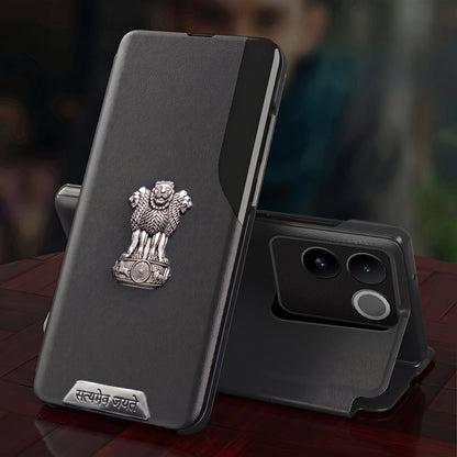 Vivo T2 Pro 5G Metal Satyamev Jayate 2-in-1 Emblem Half-Window Leather Flip Case
