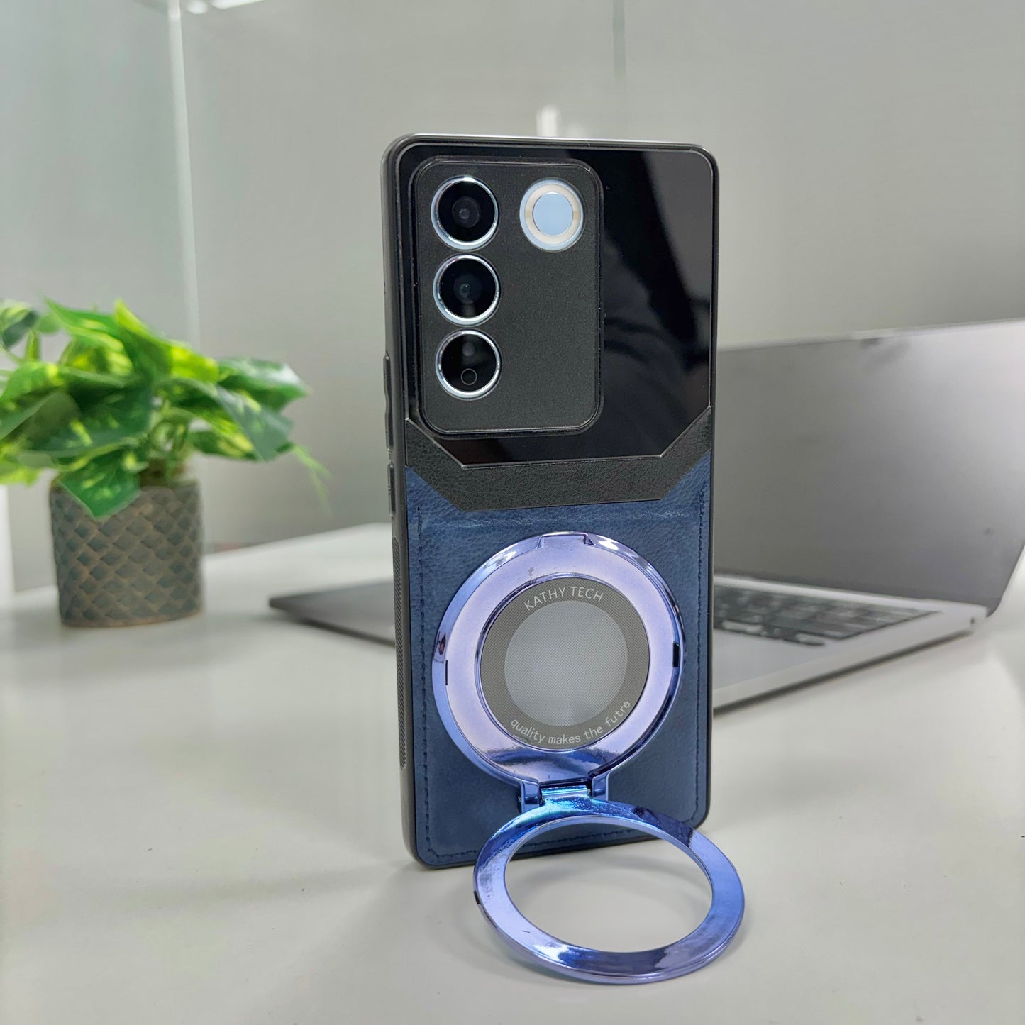 Vivo V27 5G Original Luxury Leather Lens Magnifier Ring Stand Case
