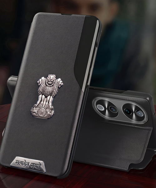 Vivo V40 Pro 5G Metal Satyamev Jayate 2-in-1 Emblem Half-Window Leather Flip Case