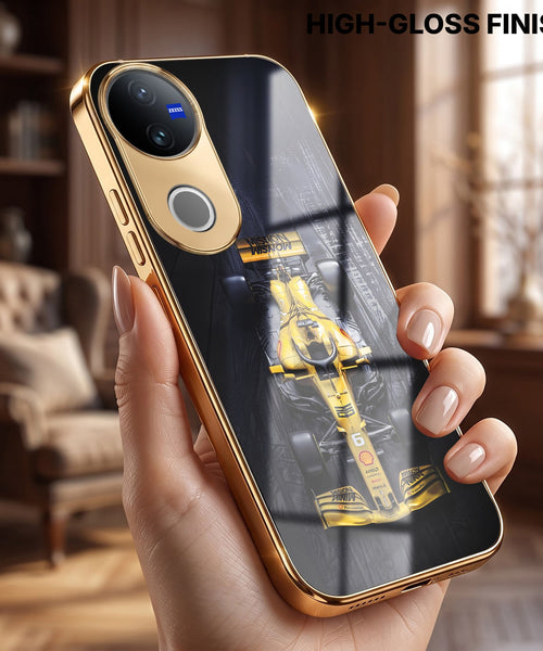 Vivo V50 5G F1 Racing Car Gold Electroplated Glass Phone Back Case