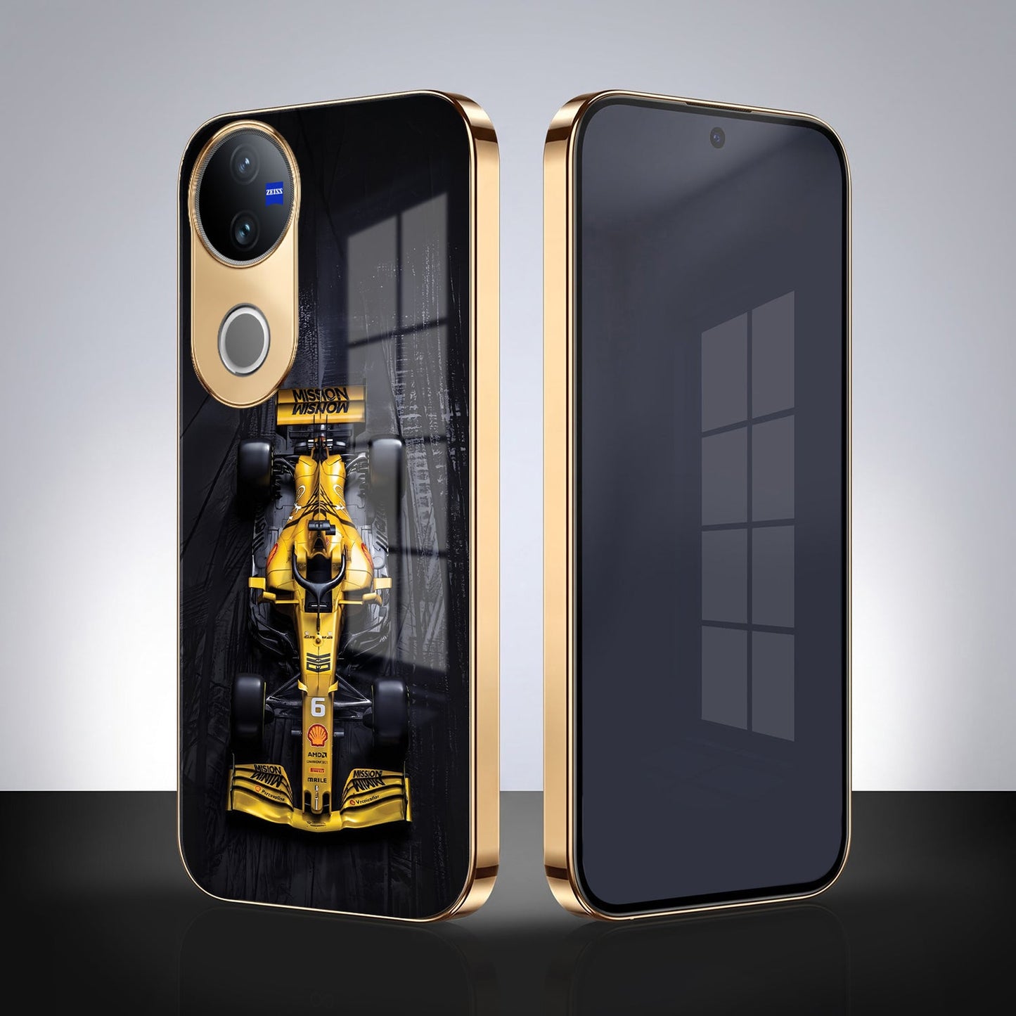 Vivo V50 5G F1 Racing Car Gold Electroplated Glass Phone Back Case