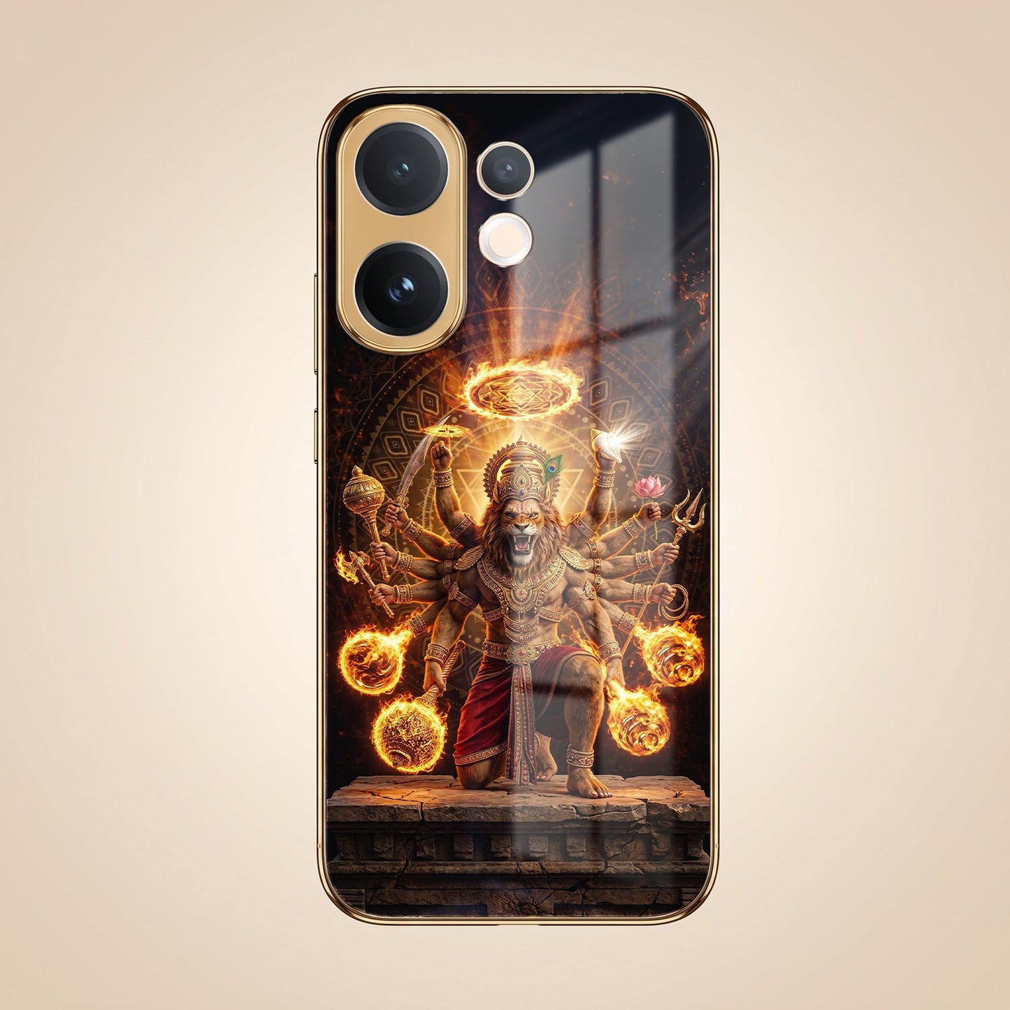Vivo V60 5G Lord Narasimha Gold Electroplated Glass Phone Back Case