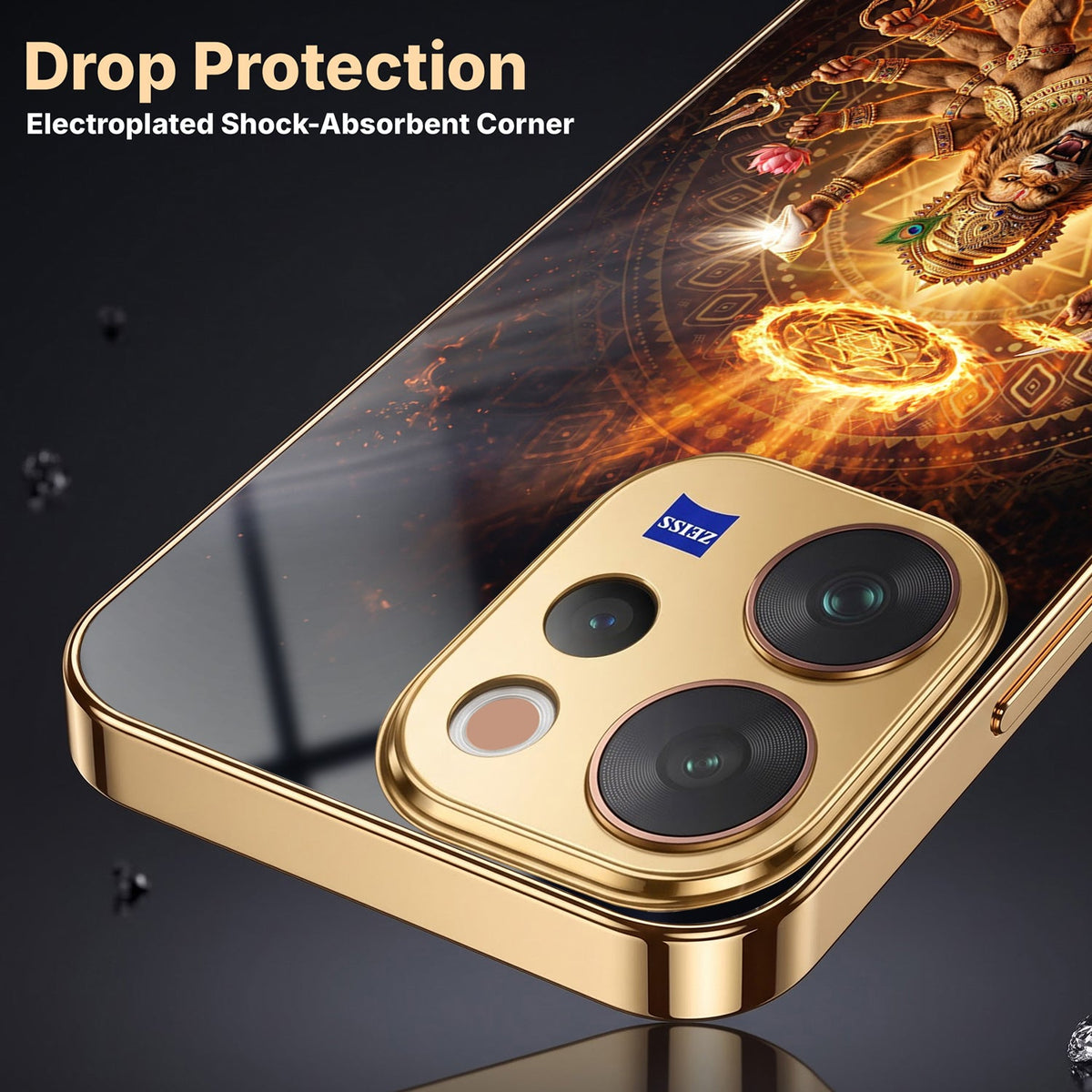 Vivo V70 5G Lord Narasimha Gold Electroplated Glass Phone Back Case