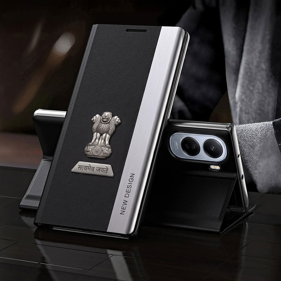 Vivo T5 Pro 5G Satyamev Jayate Metal Emblems Flip Leather Case