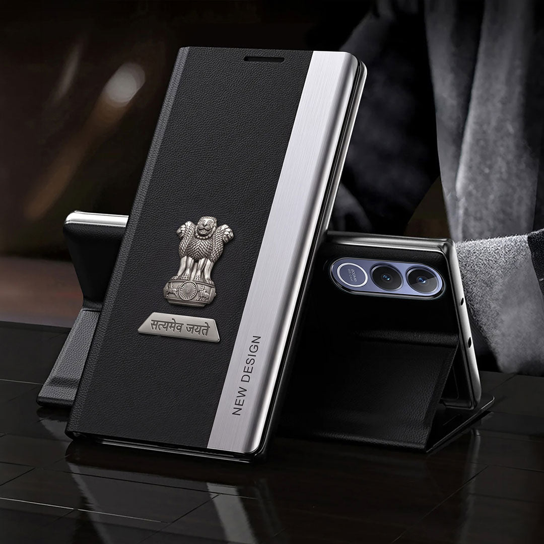 Vivo V70 FE 5G Satyamev Jayate Metal Emblems Flip Leather Case