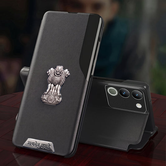 Vivo Y200 5G Metal Satyamev Jayate 2-in-1 Emblem Half-Window Leather Flip Case