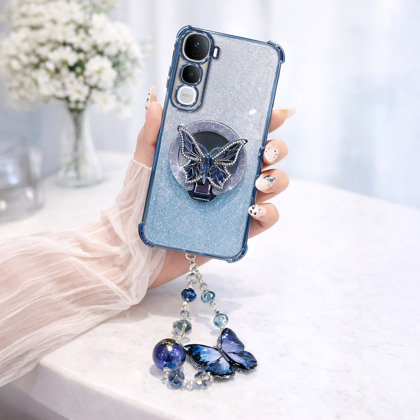 Vivo Y400 Pro 5G Shockproof Shimmer Butterfly Stand Case with Charm Strap